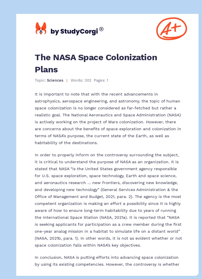 The NASA Space Colonization Plans. Page 1
