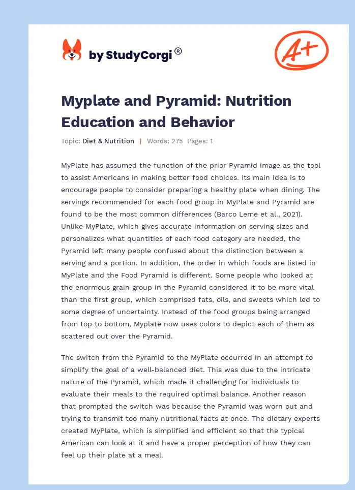 Myplate and Pyramid: Nutrition Education and Behavior. Page 1