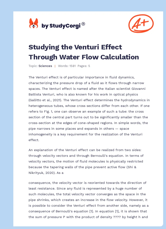 Studying the Venturi Effect Through Water Flow Calculation. Page 1
