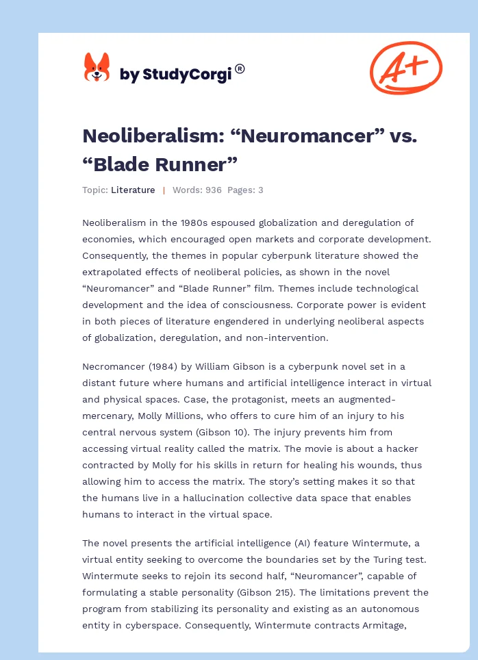 Neoliberalism: “Neuromancer” vs. “Blade Runner”. Page 1