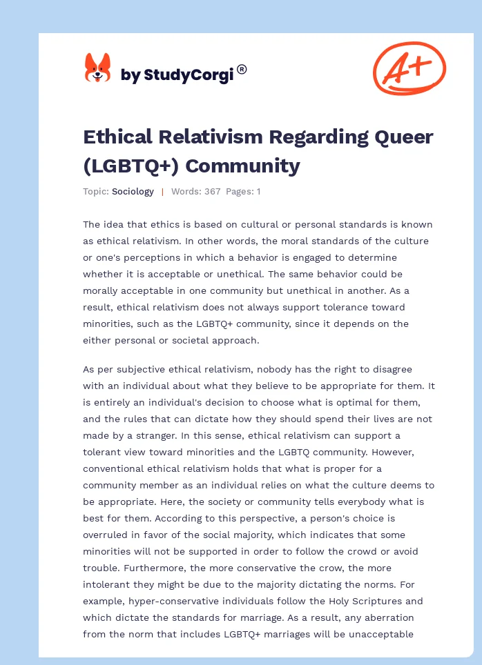 Ethical Relativism Regarding Queer (LGBTQ+) Community. Page 1