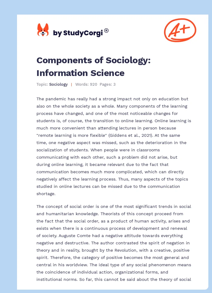 Components of Sociology: Information Science. Page 1