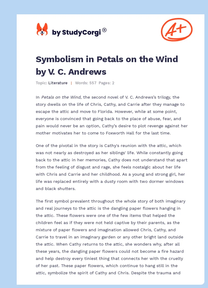 Symbolism in Petals on the Wind by V. C. Andrews. Page 1