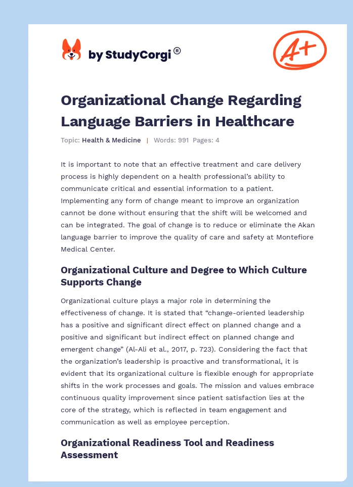 Organizational Change Regarding Language Barriers in Healthcare. Page 1