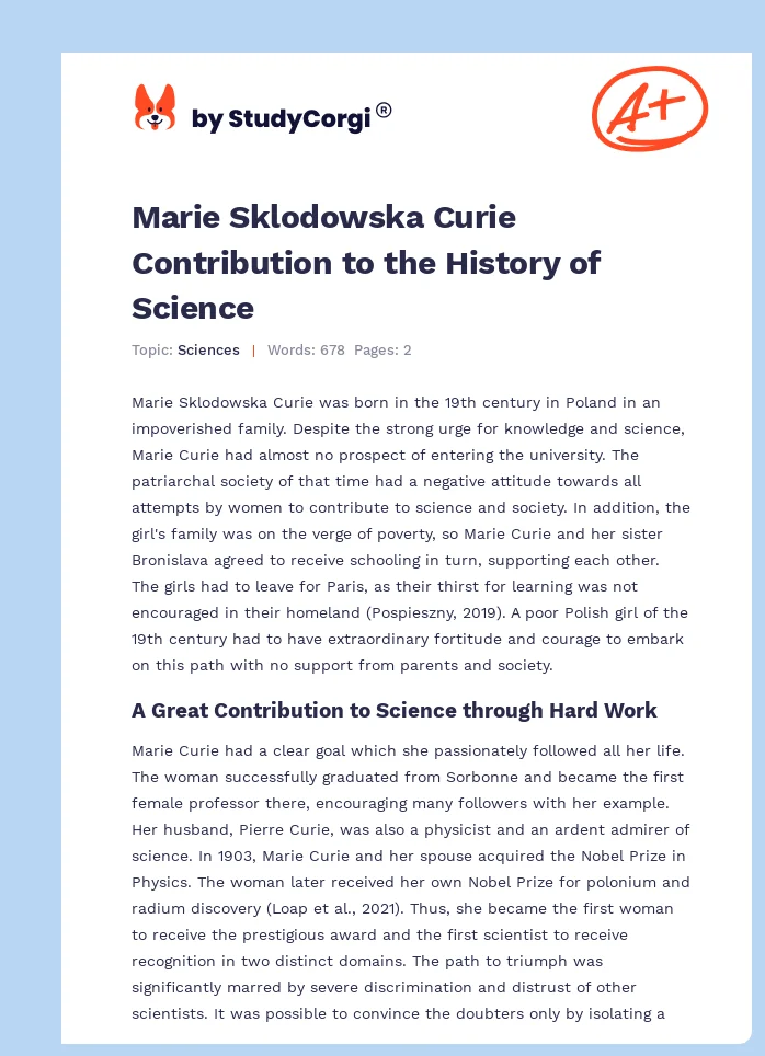 Marie Sklodowska Curie Contribution to the History of Science. Page 1