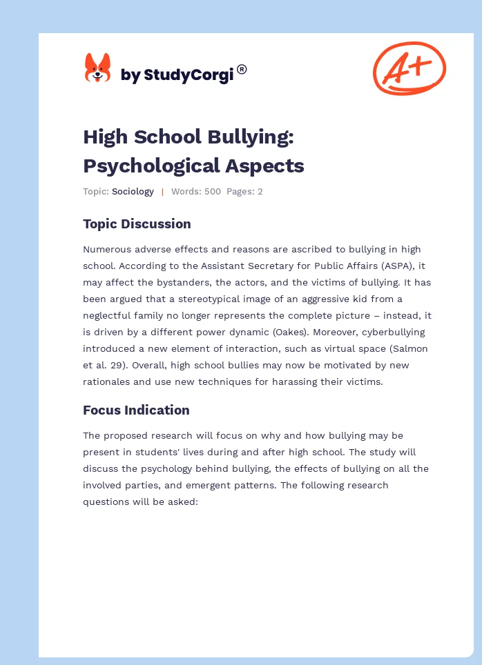 High School Bullying: Psychological Aspects. Page 1