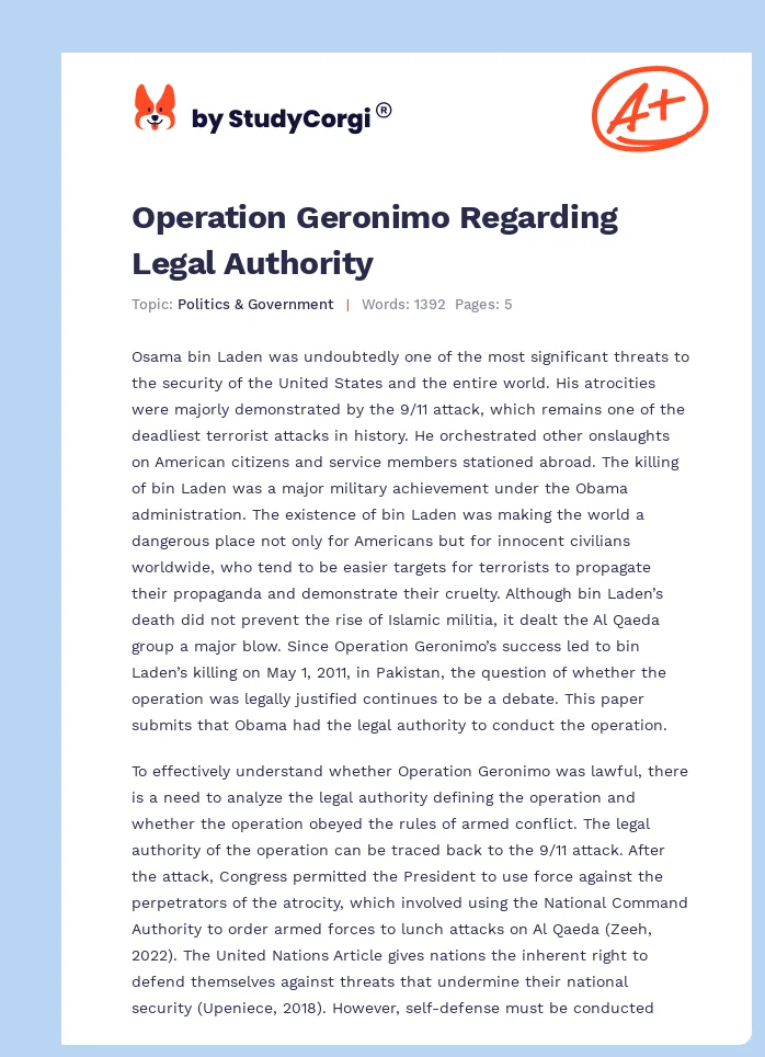 Operation Geronimo Regarding Legal Authority. Page 1