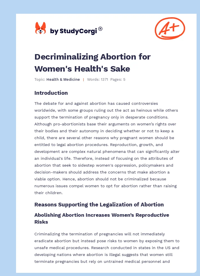 Decriminalizing Abortion for Women's Health's Sake. Page 1