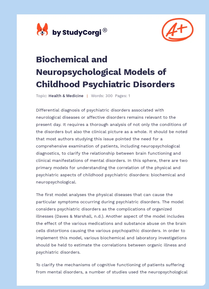 Biochemical and Neuropsychological Models of Childhood Psychiatric Disorders. Page 1