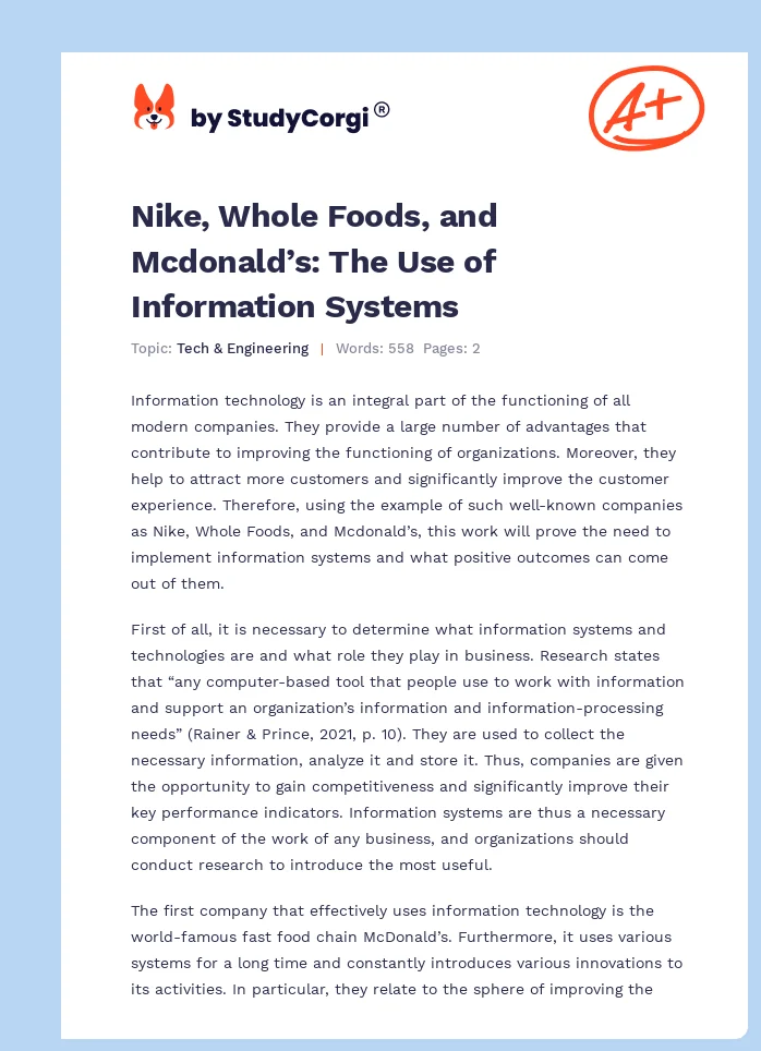 Nike, Whole Foods, and Mcdonald’s: The Use of Information Systems. Page 1