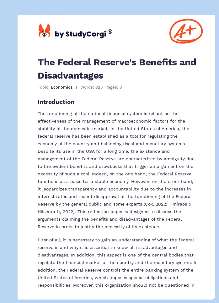 The Federal Reserve's Benefits and Disadvantages. Page 1