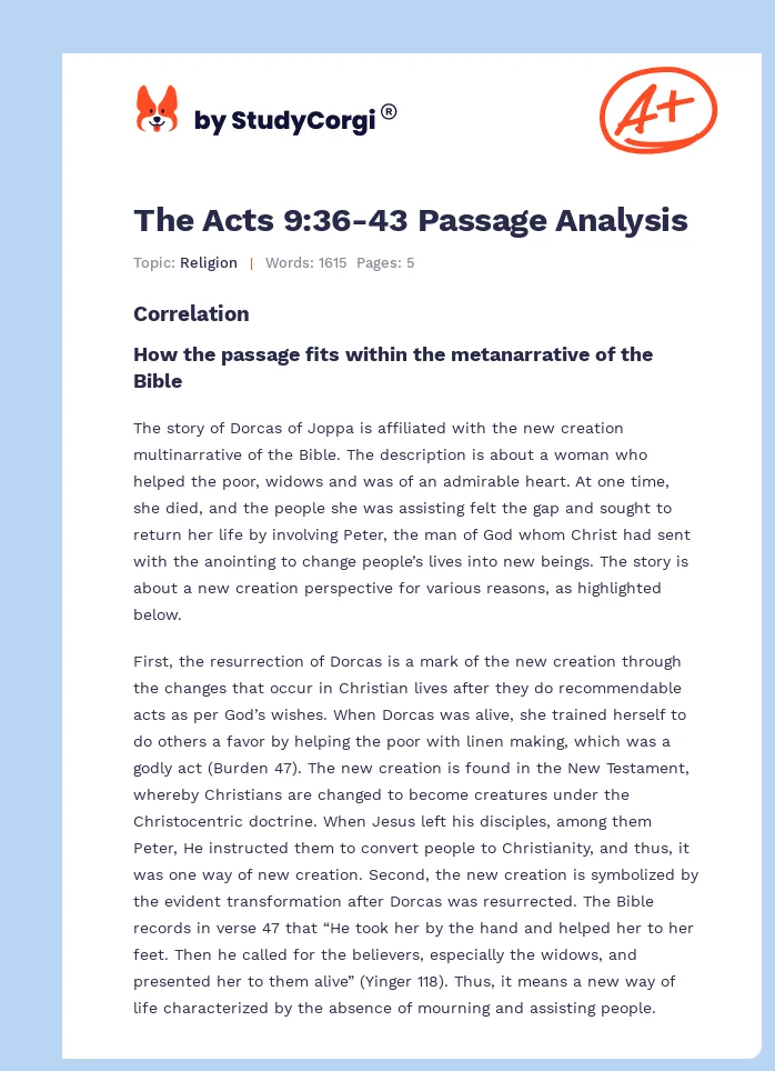 The Acts 9:36-43 Passage Analysis. Page 1