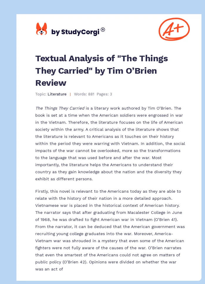 Textual Analysis of "The Things They Carried" by Tim O’Brien Review. Page 1