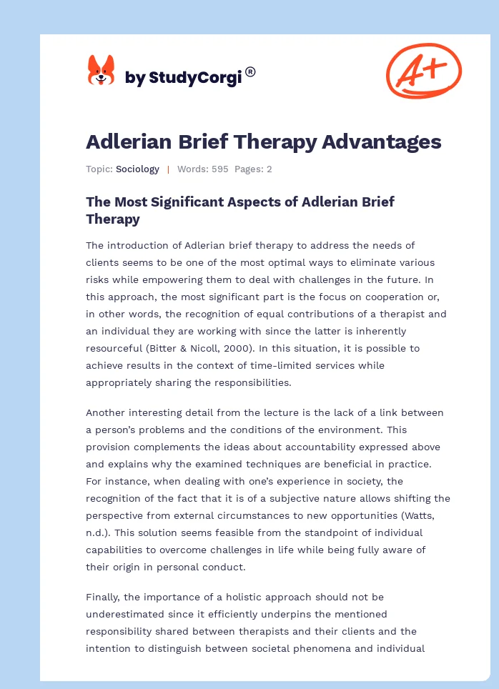 Adlerian Brief Therapy Advantages. Page 1