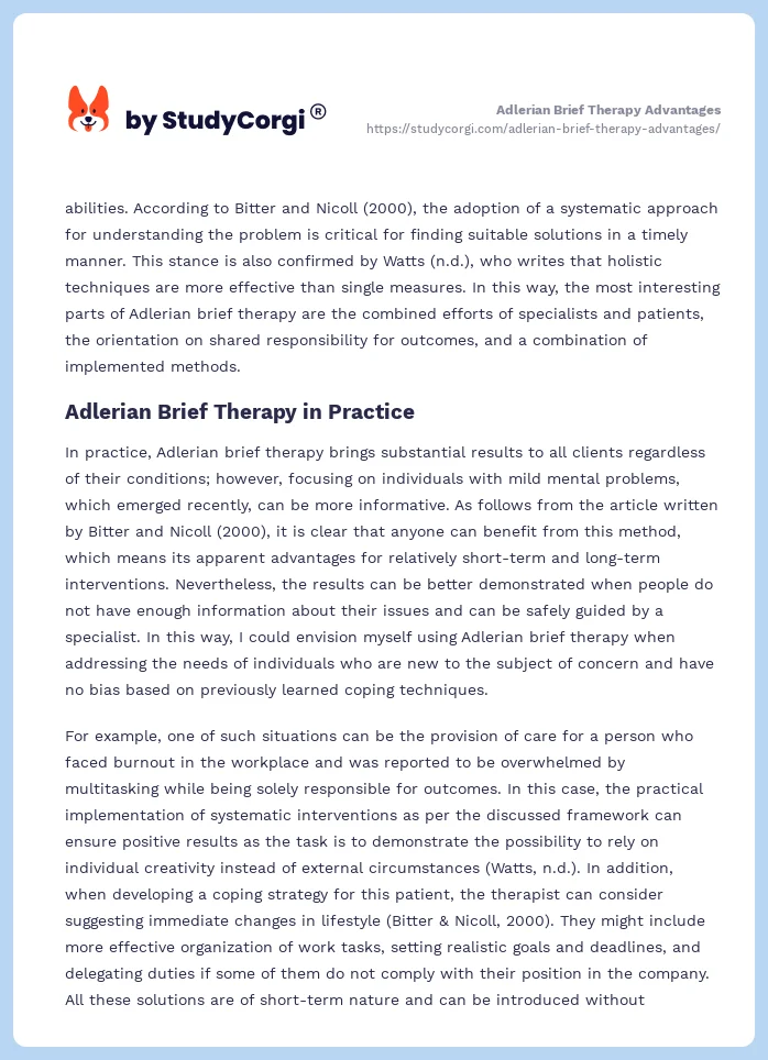 Adlerian Brief Therapy Advantages. Page 2