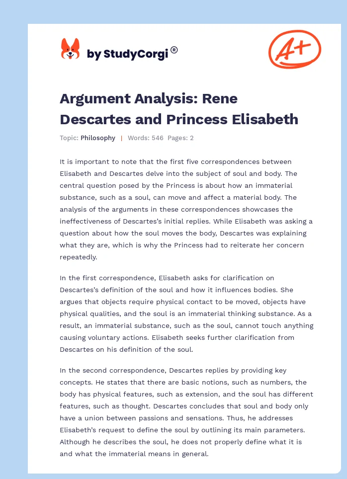 Argument Analysis: Rene Descartes and Princess Elisabeth. Page 1