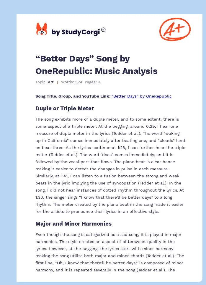 “Better Days” Song by OneRepublic: Music Analysis. Page 1