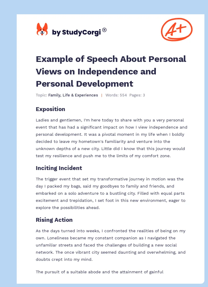 Example of Speech About Personal Views on Independence and Personal Development. Page 1