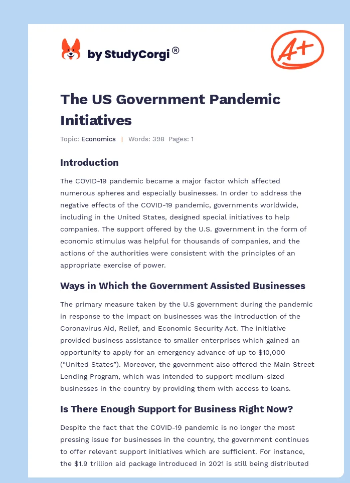 The US Government Pandemic Initiatives. Page 1