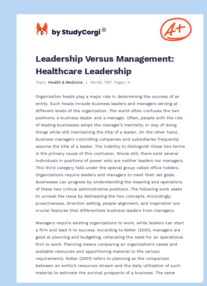 Leadership Versus Management: Healthcare Leadership. Page 1