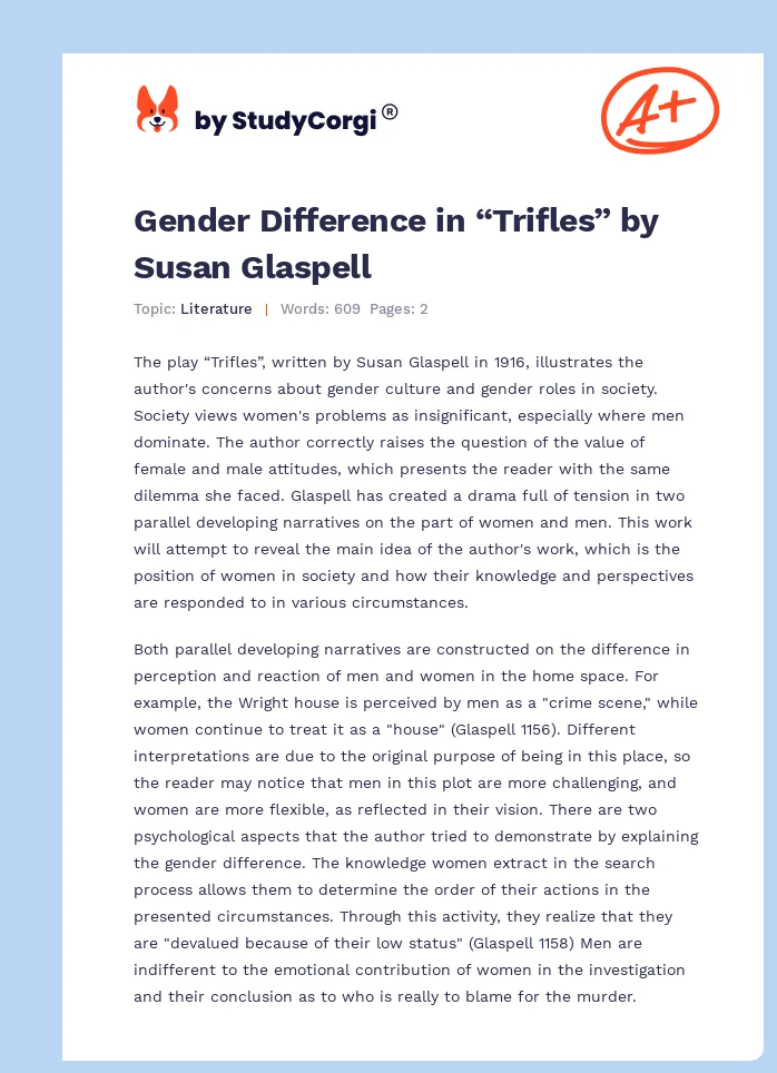 Gender Difference in “Trifles” by Susan Glaspell. Page 1