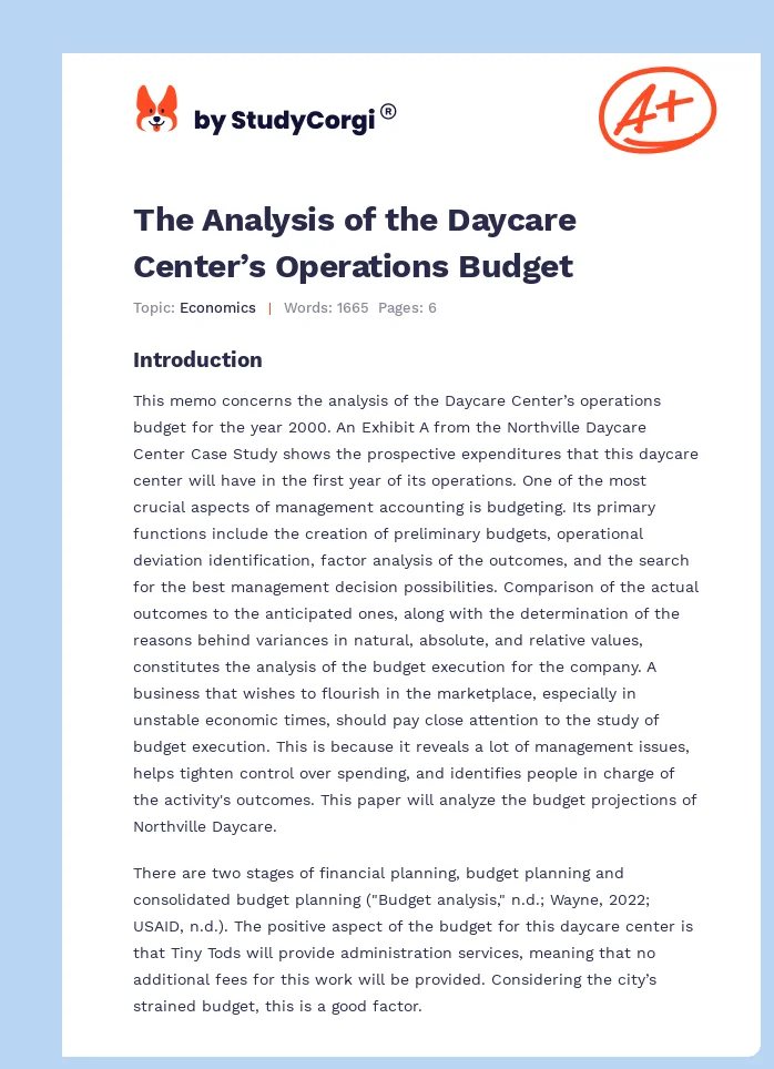 The Analysis of the Daycare Center’s Operations Budget. Page 1