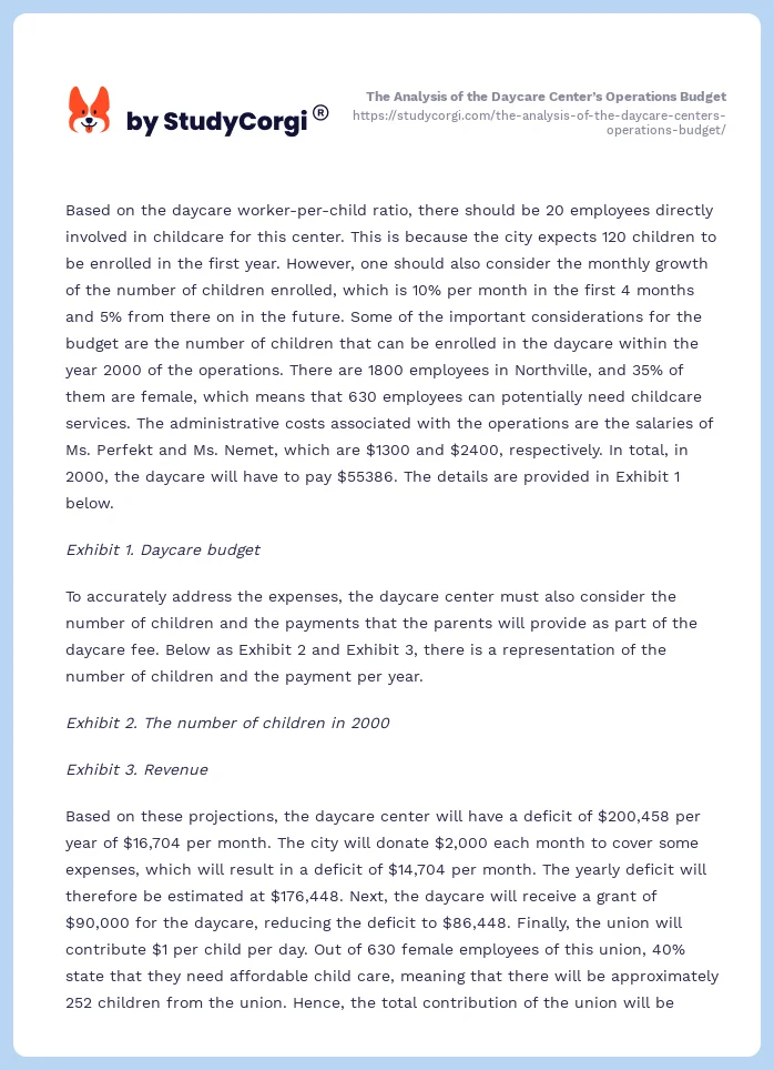 The Analysis of the Daycare Center’s Operations Budget. Page 2