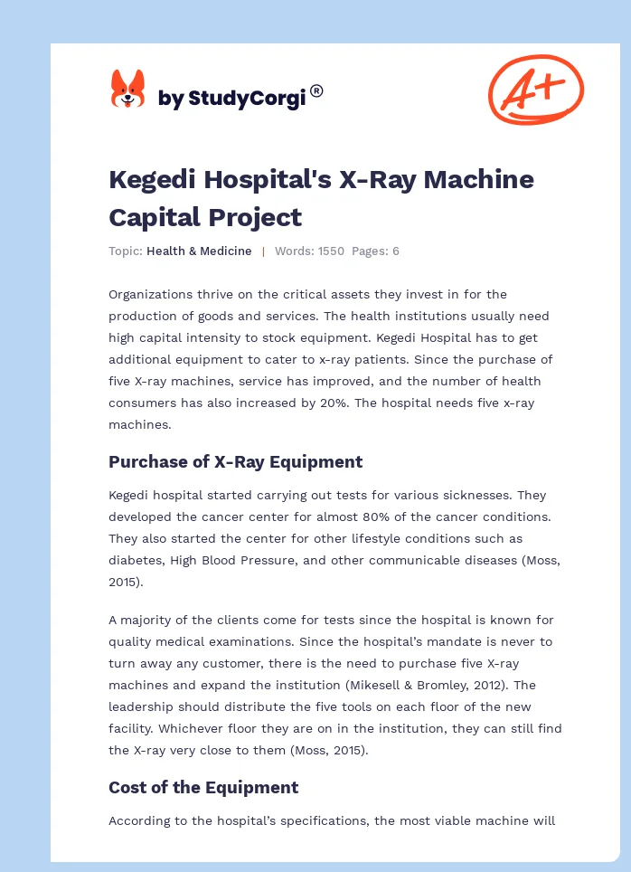 Kegedi Hospital's X-Ray Machine Capital Project. Page 1