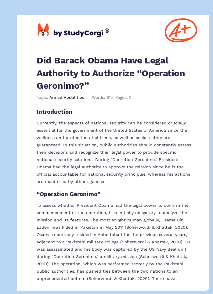 Did Barack Obama Have Legal Authority to Authorize “Operation Geronimo?”. Page 1