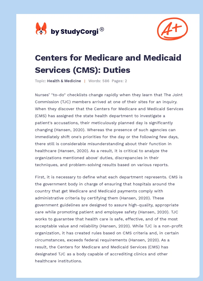 Centers for Medicare and Medicaid Services (CMS): Duties. Page 1
