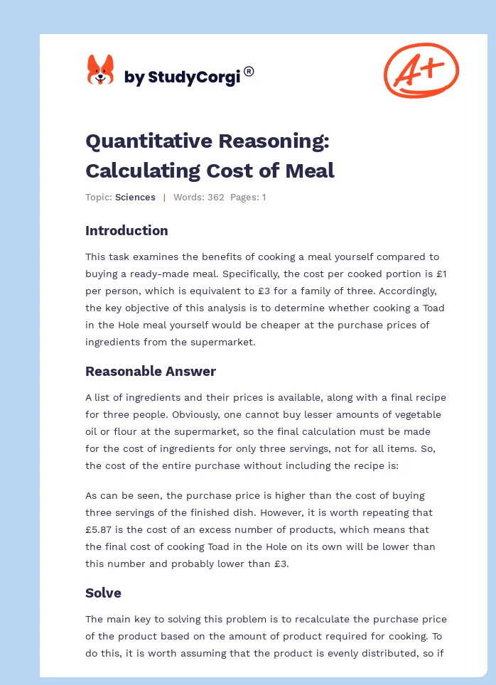 Quantitative Reasoning: Calculating Cost of Meal. Page 1