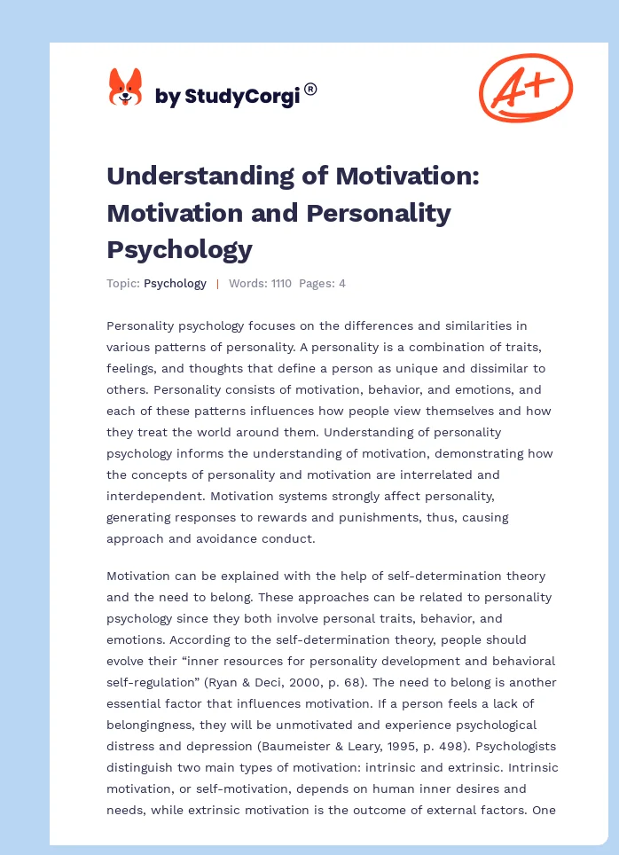 Understanding of Motivation: Motivation and Personality Psychology. Page 1