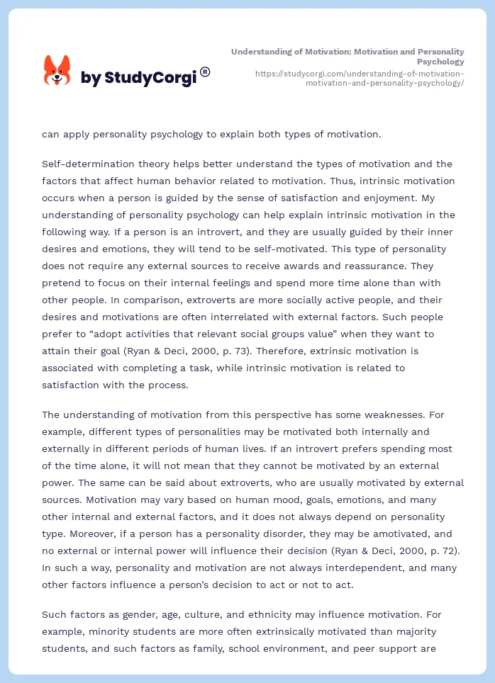 Understanding of Motivation: Motivation and Personality Psychology. Page 2