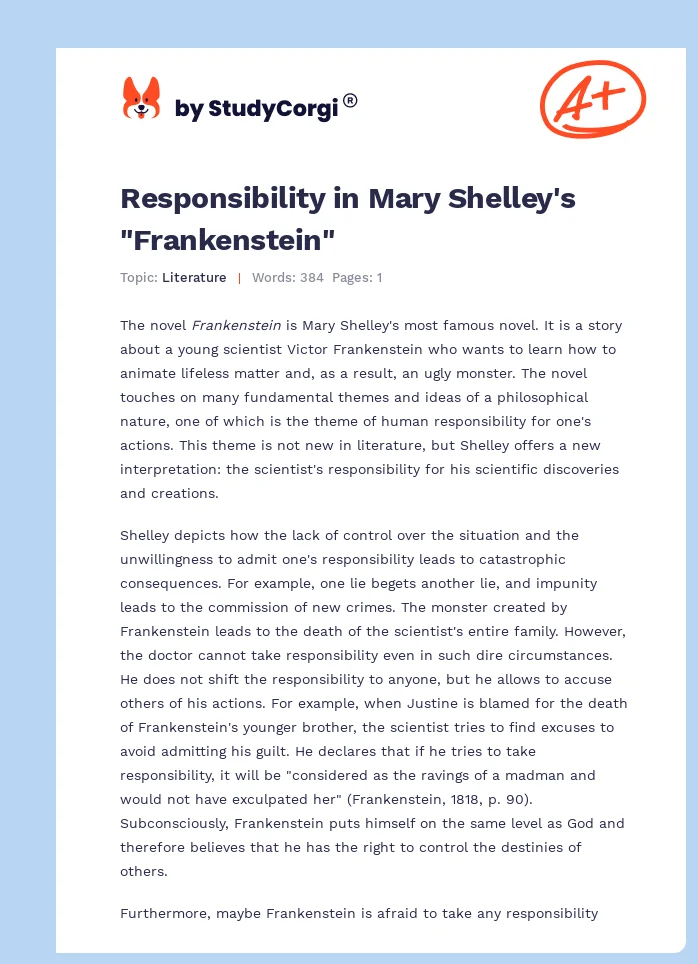 Responsibility in Mary Shelley's "Frankenstein". Page 1