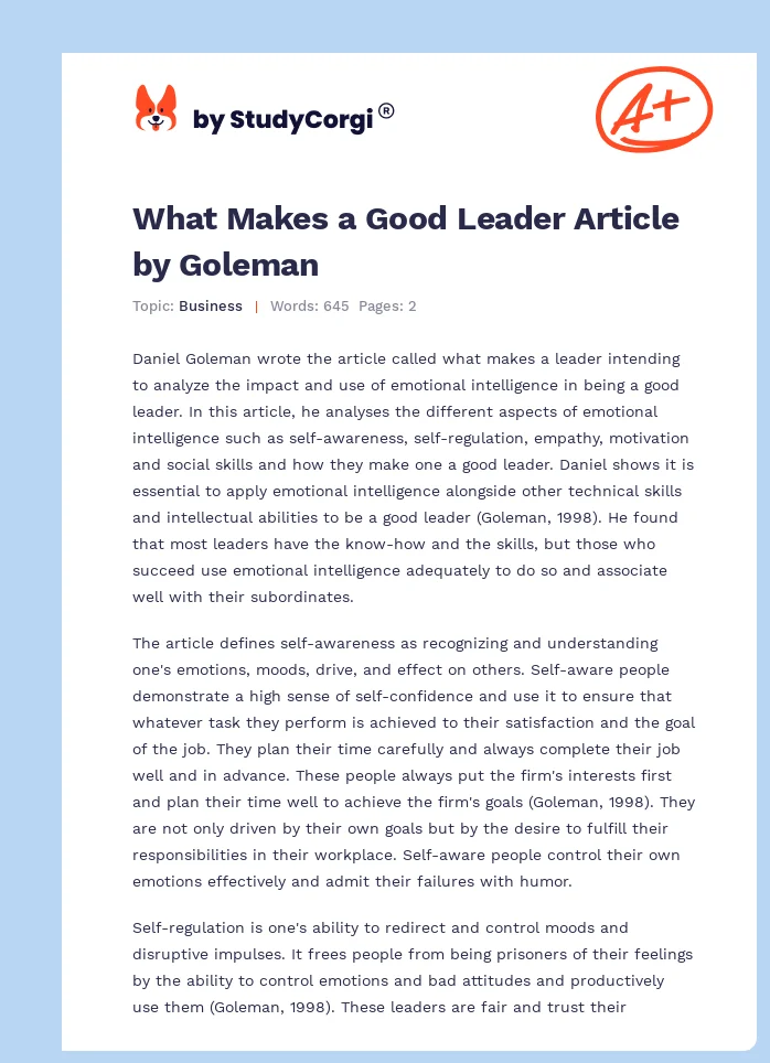 What Makes a Good Leader Article by Goleman. Page 1