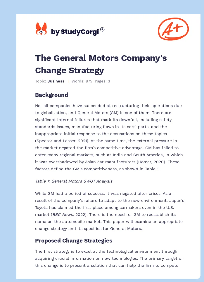 The General Motors Company's Change Strategy. Page 1