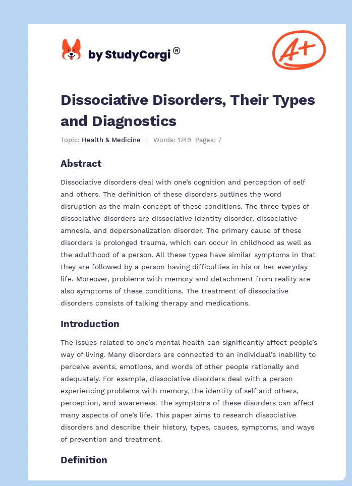 Dissociative Disorders, Their Types and Diagnostics. Page 1