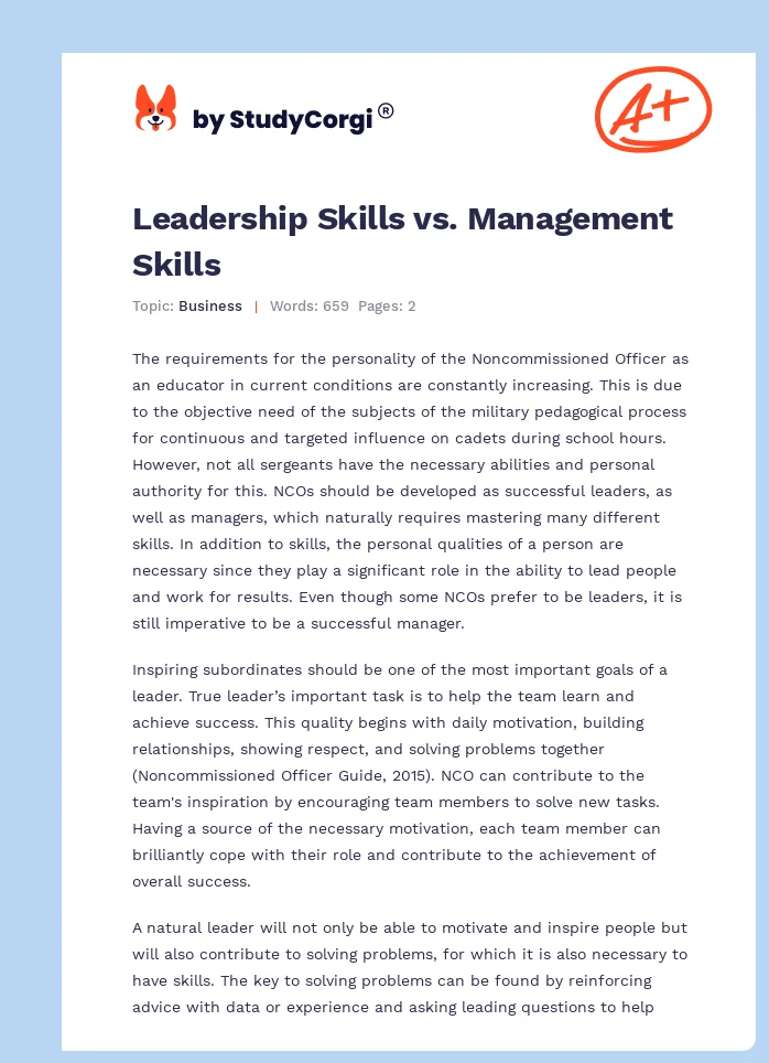 Leadership Skills vs. Management Skills. Page 1