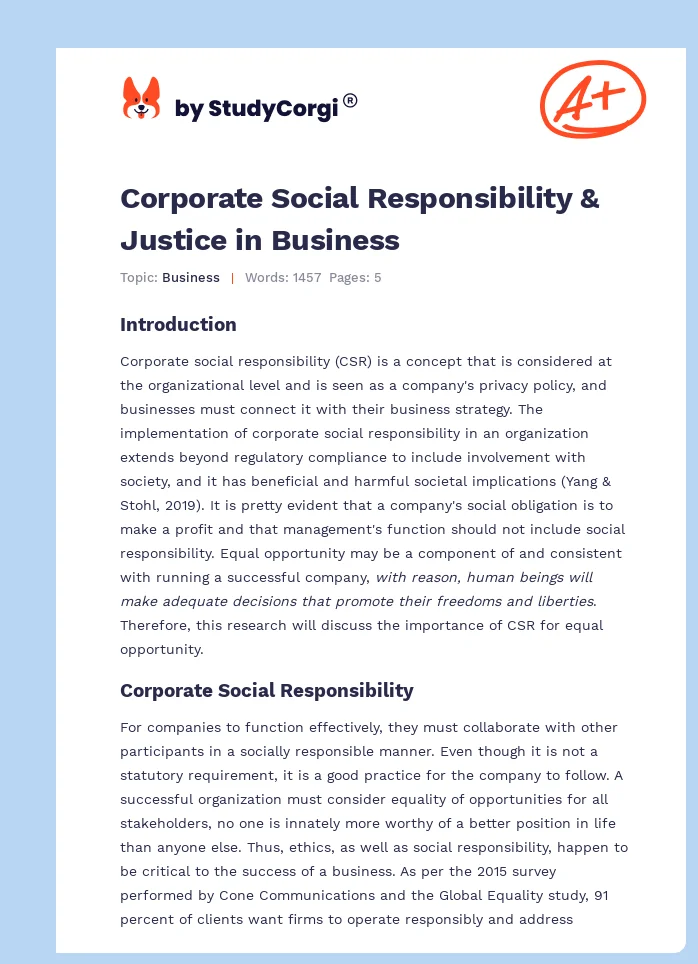 Corporate Social Responsibility & Justice in Business. Page 1
