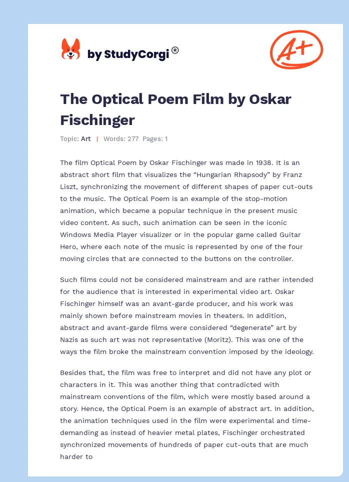 The Optical Poem Film by Oskar Fischinger. Page 1