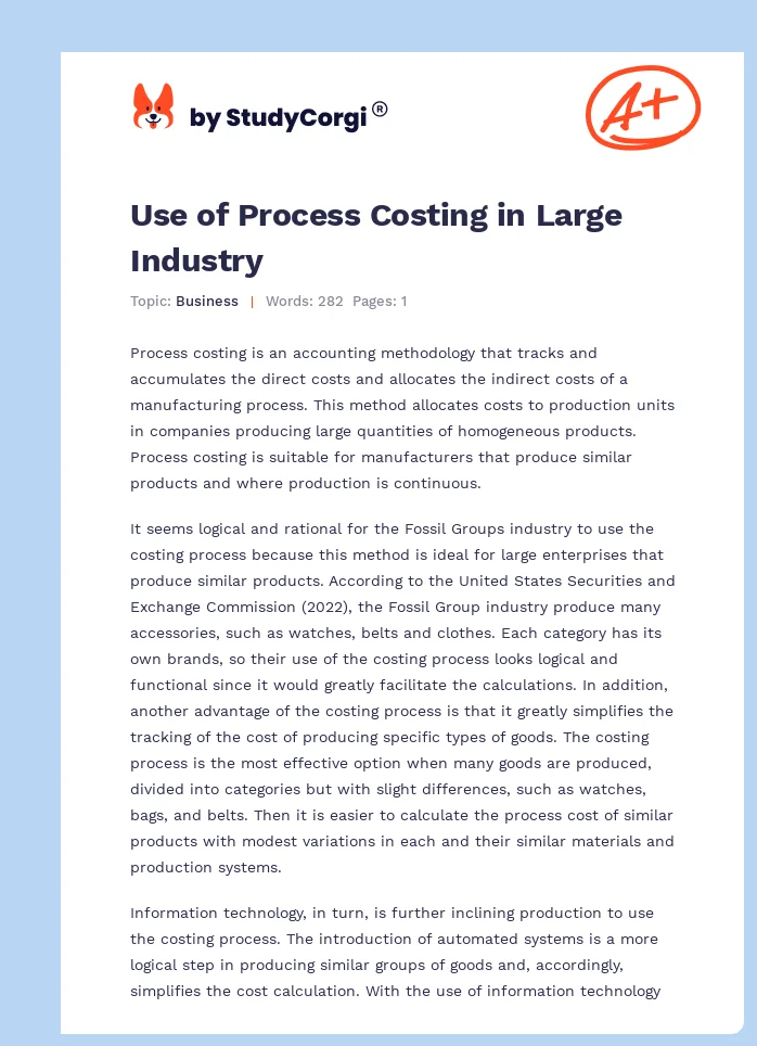Use of Process Costing in Large Industry. Page 1