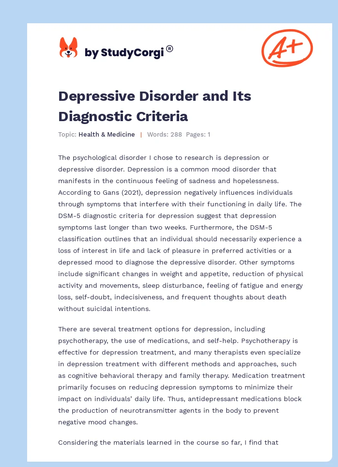 Depressive Disorder and Its Diagnostic Criteria. Page 1
