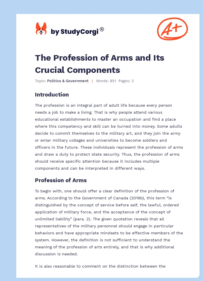 The Profession of Arms and Its Crucial Components. Page 1