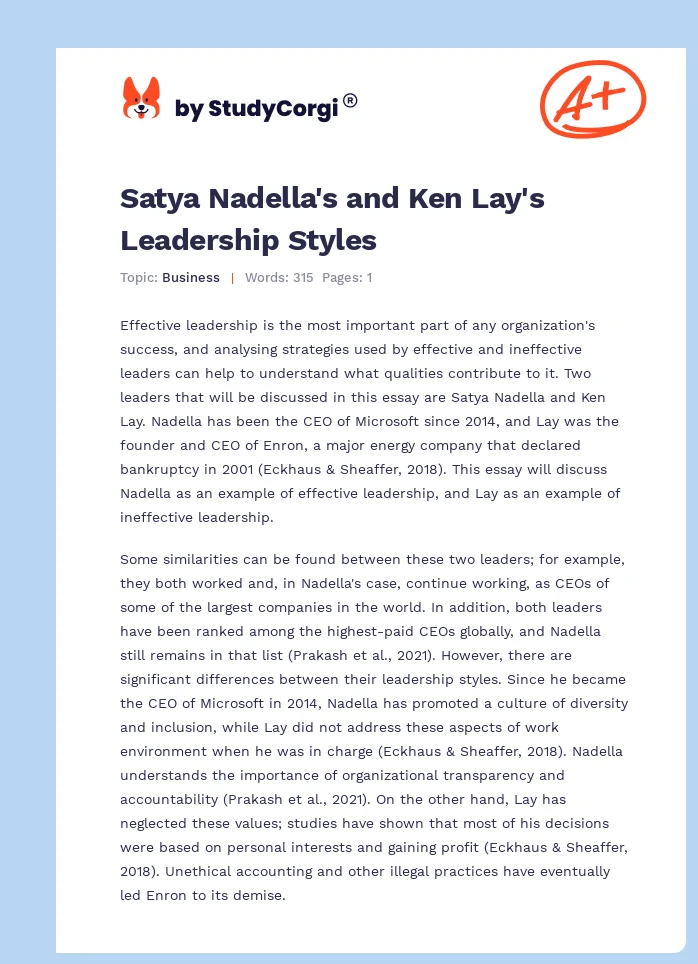 Satya Nadella's and Ken Lay's Leadership Styles. Page 1