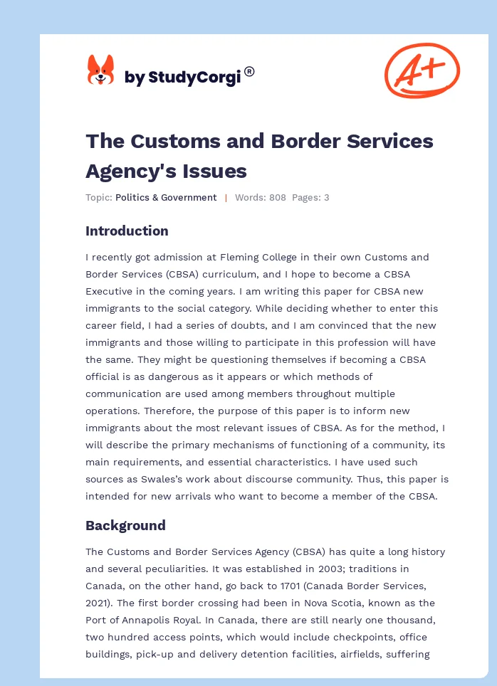 The Customs and Border Services Agency's Issues. Page 1