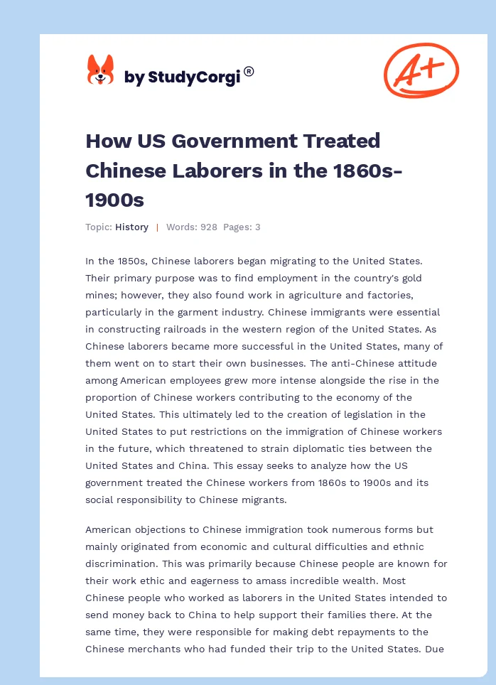 How US Government Treated Chinese Laborers in the 1860s-1900s. Page 1