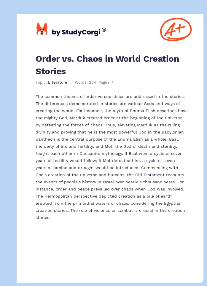 Order vs. Chaos in World Creation Stories. Page 1