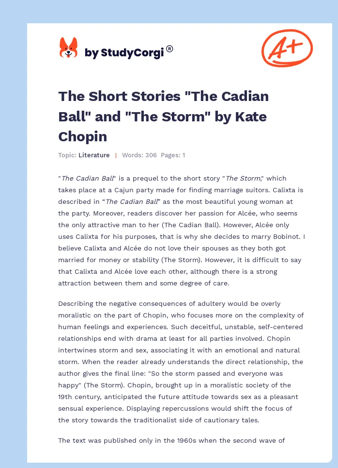 The Short Stories "The Cadian Ball" and "The Storm" by Kate Chopin. Page 1