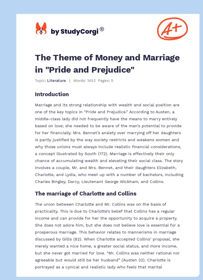 The Theme of Money and Marriage in "Pride and Prejudice". Page 1