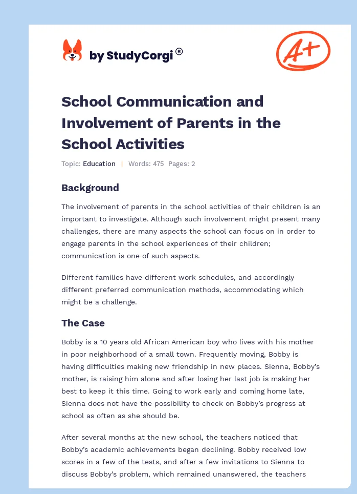 School Communication and Involvement of Parents in the School Activities. Page 1
